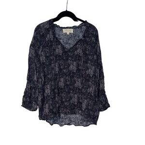 Cloth & Stone Split Neck Tie Blouse Womens XL Grey Black Abstract Rayon